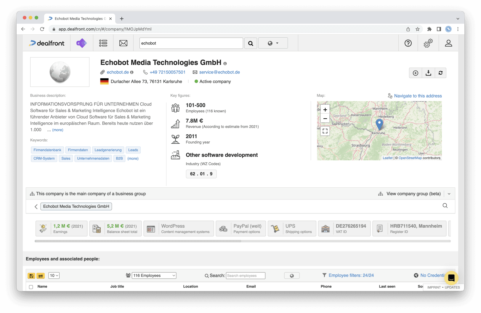 Dealfront's interface